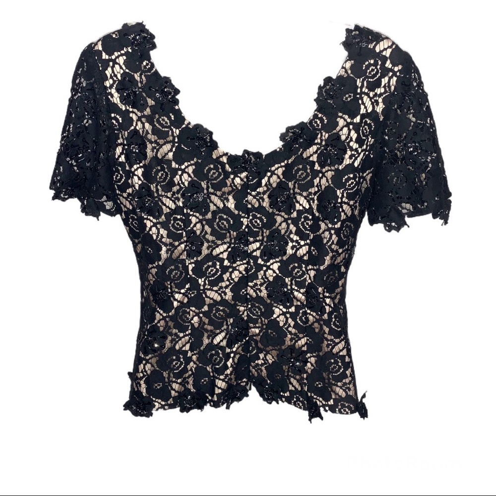JS Boutique Beaded Floral Lace Black Overlay Tan Nude Illusion Top 8 Evening - Picture 5 of 14